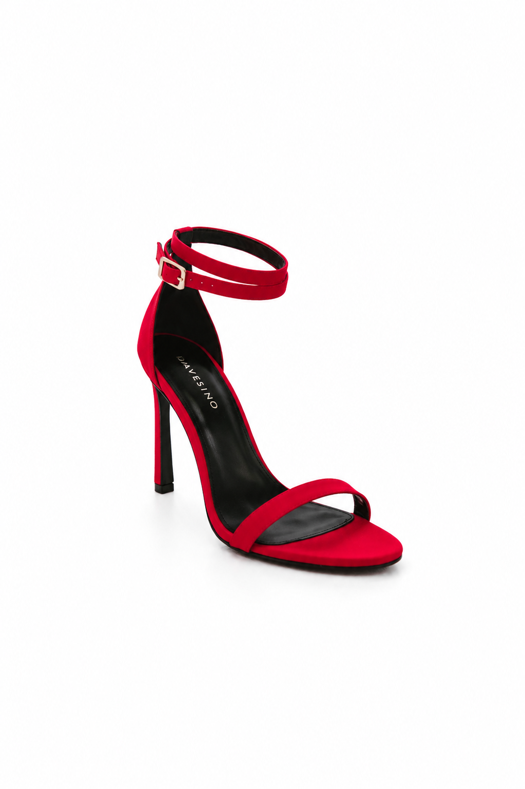 LUNA Chilli Red satin stiletto sandal by DAVESINO, three-quarter view, 105mm heel, Made in Italy