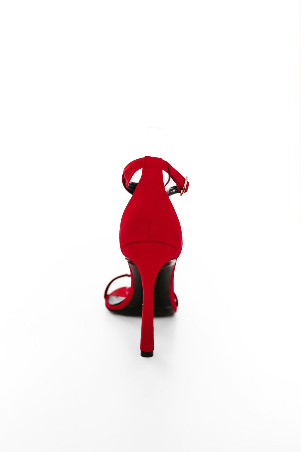 LUNA Chilli Red satin stiletto sandal by DAVESINO, back view of heel and ankle strap