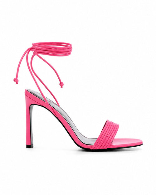 ALLEGRA Pink satin lace-up stiletto sandal by DAVESINO, side profile, 105mm heel, Made in Italy