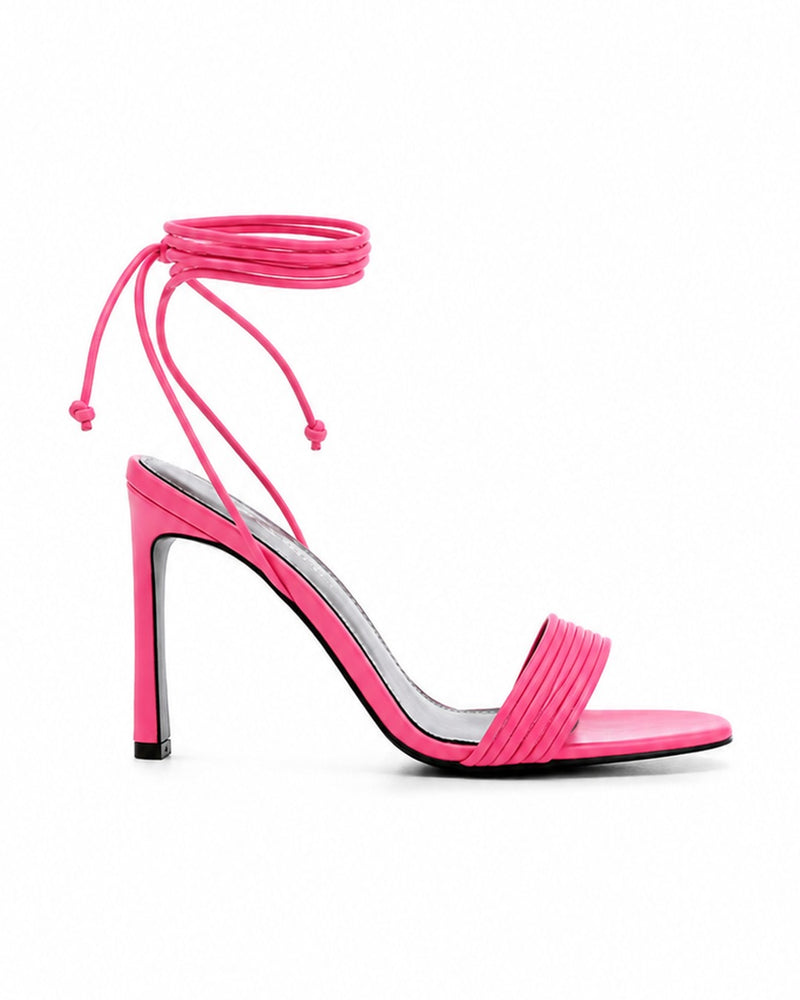ALLEGRA Pink satin lace-up stiletto sandal by DAVESINO, side profile, 105mm heel, Made in Italy