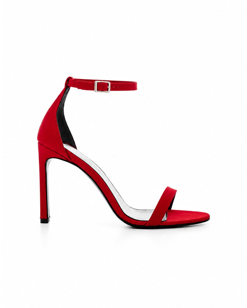 LUNA Chilli Red satin stiletto sandal by DAVESINO, side profile, 105mm heel, Made in Italy