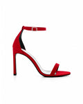LUNA Chilli Red satin stiletto sandal by DAVESINO, side profile, 105mm heel, Made in Italy