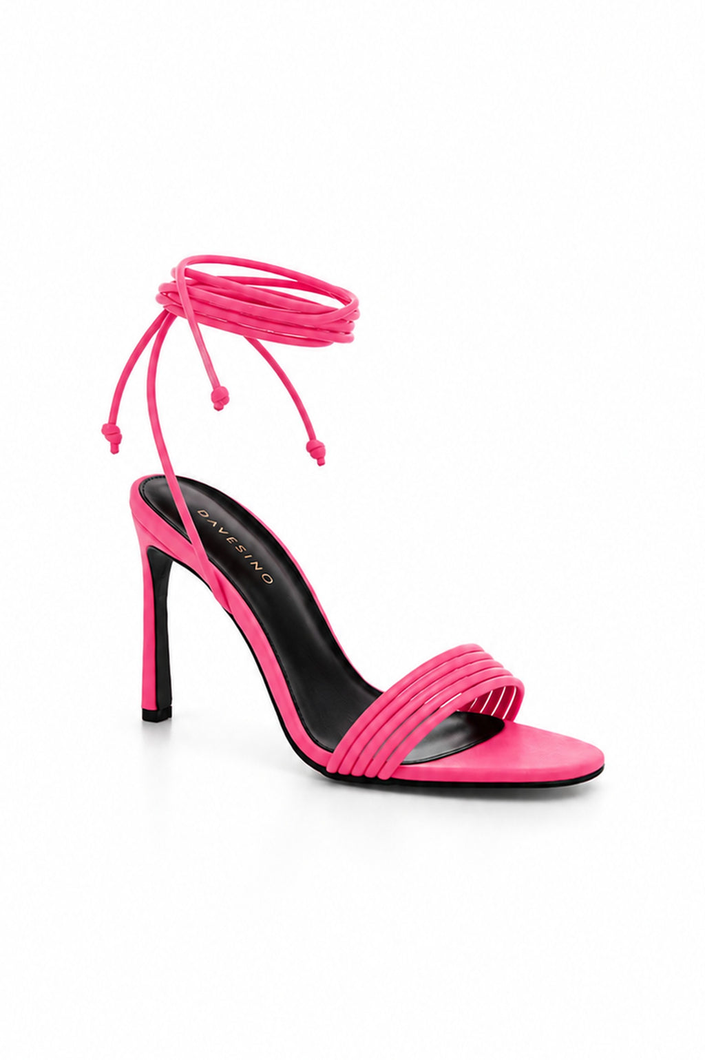 ALLEGRA Pink satin lace-up stiletto sandal, 3/4 side view, DAVESINO, Made in Italy
