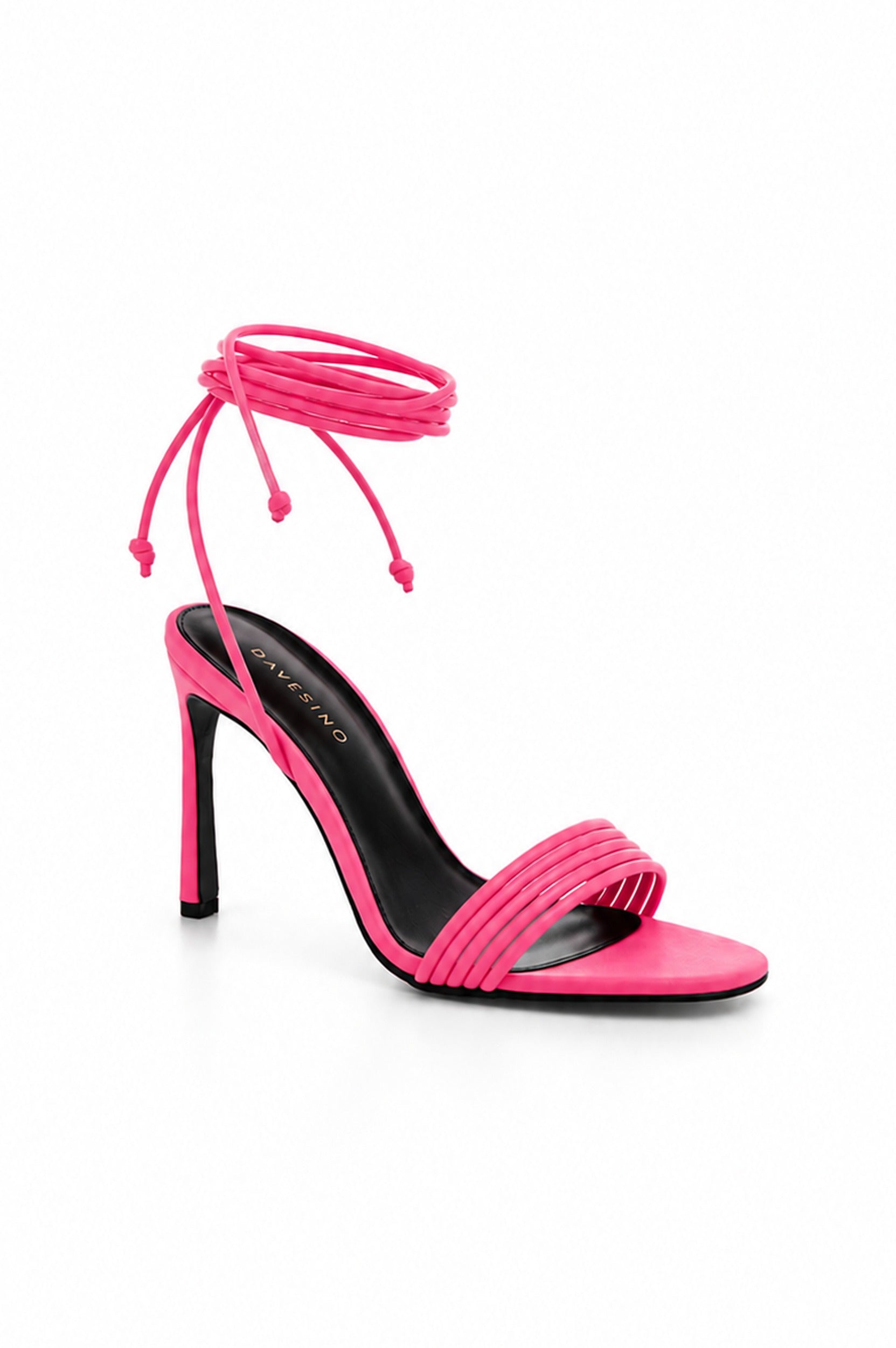 ALLEGRA Pink satin lace-up stiletto sandal, 3/4 side view, DAVESINO, Made in Italy
